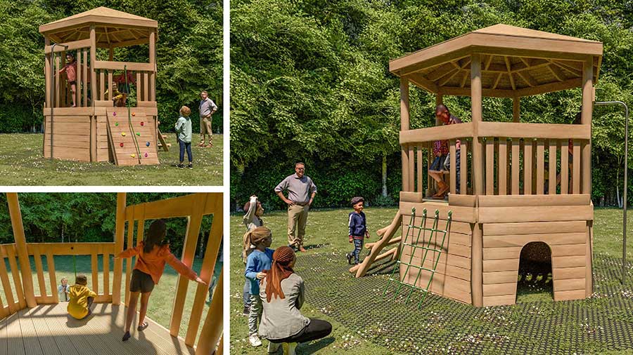 Itchen Abbas Climber, artists impression of a new climbing frame design at Itchen Abbas Primary School. Wooden tower construction with climbing walls, ropes and crawl space.