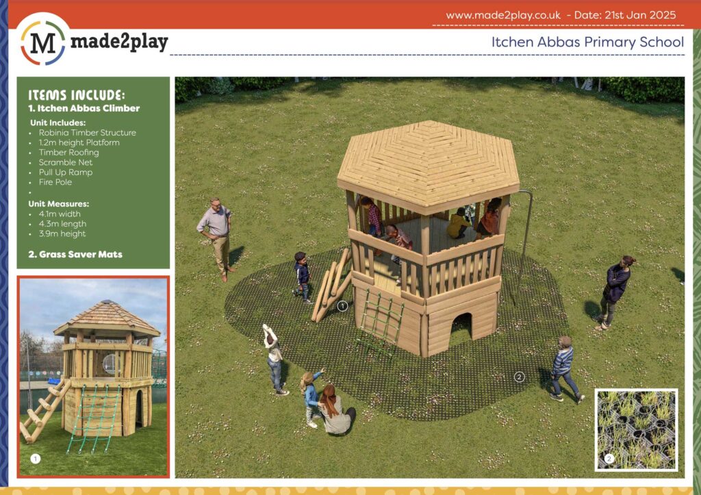 Itchen Abbas Climber, artists impression of a new climbing frame design at Itchen Abbas Primary School. Wooden tower construction with climbing walls, ropes and crawl space.