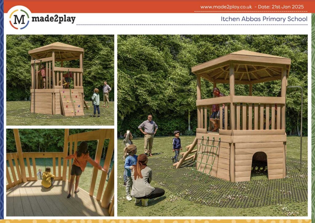 Itchen Abbas Climber, artists impression of a new climbing frame design at Itchen Abbas Primary School. Wooden tower construction with climbing walls, ropes and crawl space.